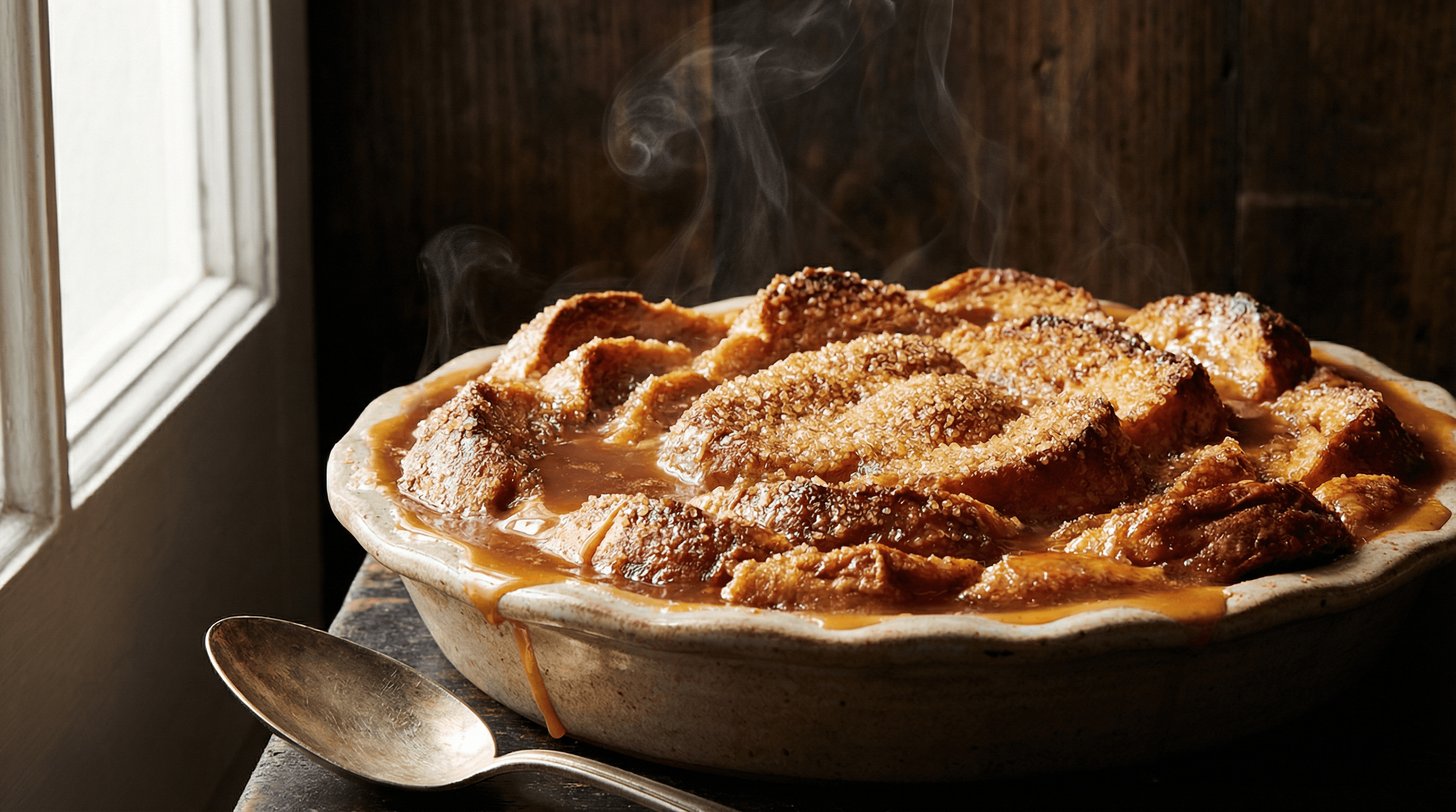 Cinnamon bread pudding with caramel sauce