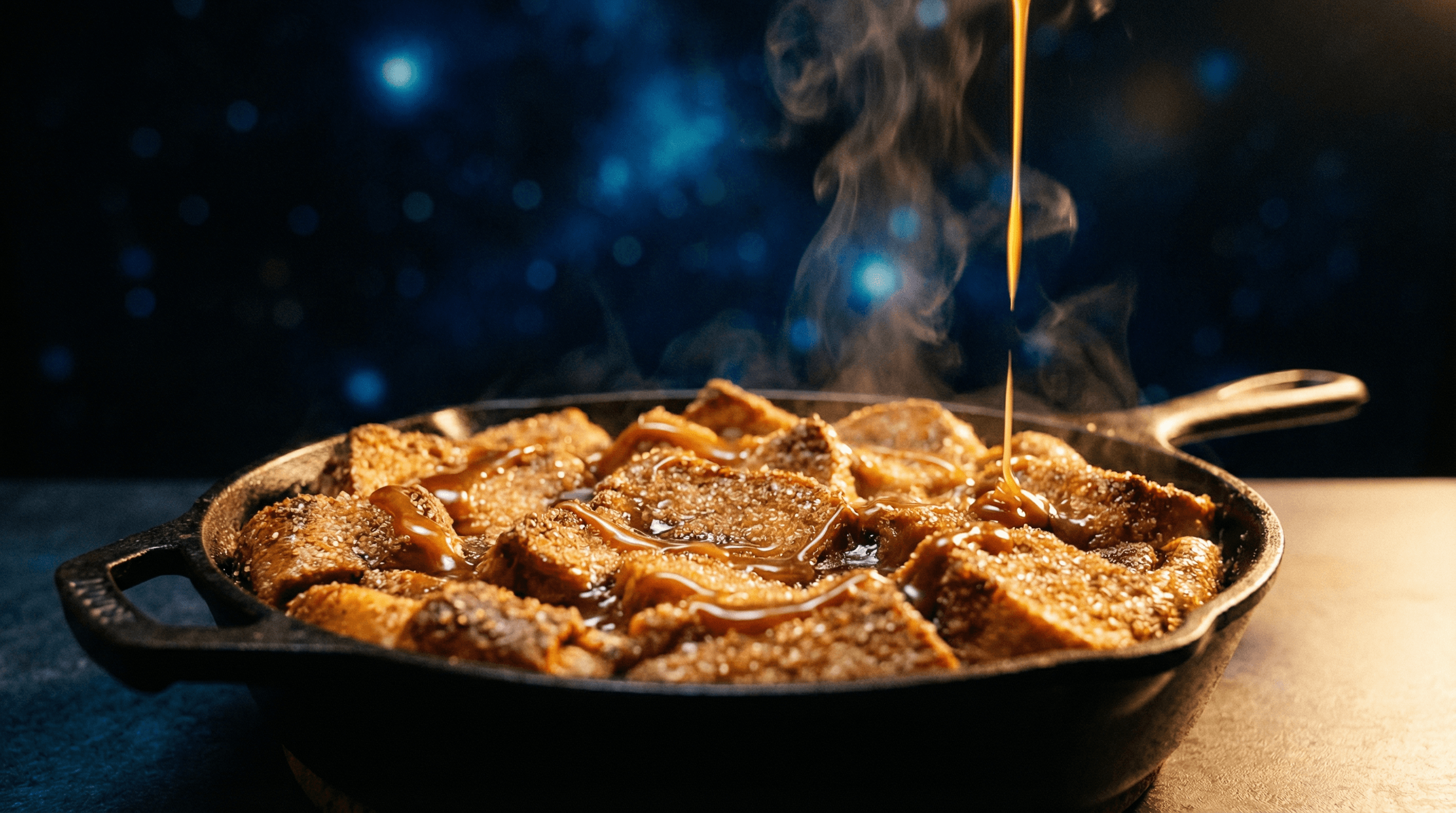 Cinnamon bread pudding in cast iron, cosmic kitchen