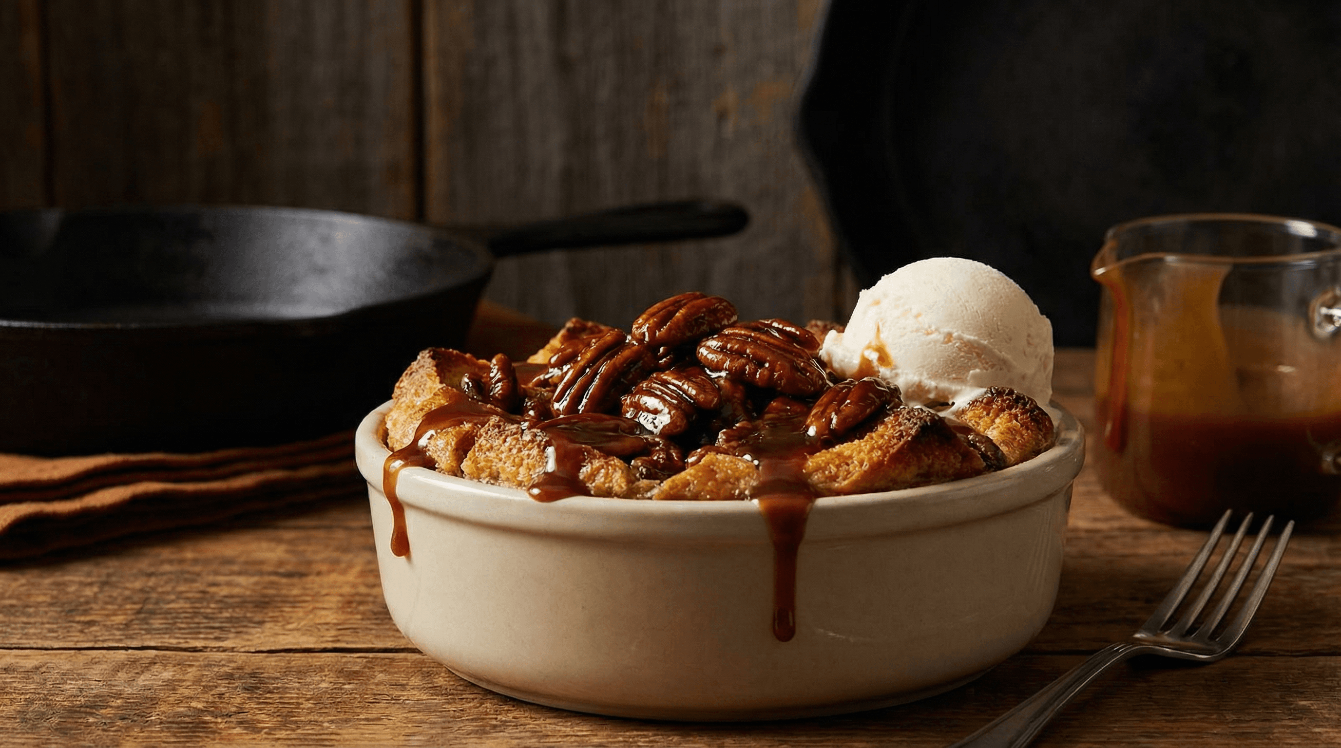 Bourbon pecan praline bread pudding